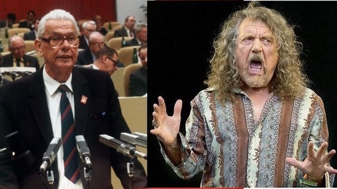 Ostravský krajský tajemník KSČ Miroslav Mamula na vrcholu slávy a Robert Plant - najdi milion rozdílů!
