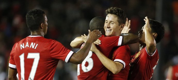 Radost fotbalistů Manchesteru United po vstřelené brance do sítě LA Galaxy.