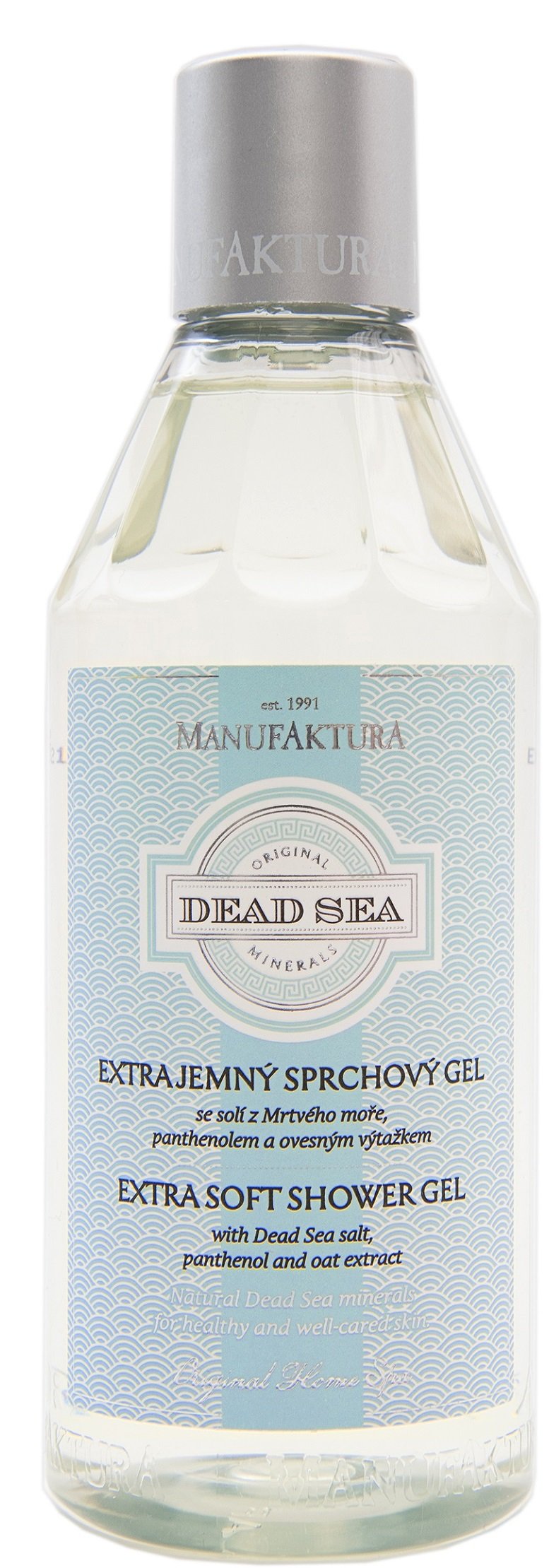 Extra jemný sprchový gel Manufaktura se solí z Mrtvého moře, panthenolem a ovesným výtažkem, 179 Kč (250 ml), koupíte na www.manufaktura.cz nebo v kamenných prodejnách