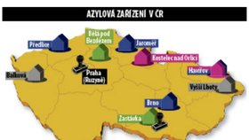 Mapa azylových zařízení na území ČR