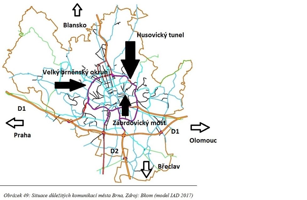 Mapa Brna s vyznačením všech páteřních silnic. Oranžově jsou dálnice D1 a D2, fialově velký brněnský okruh. Hlavní magistrály jsou modře.