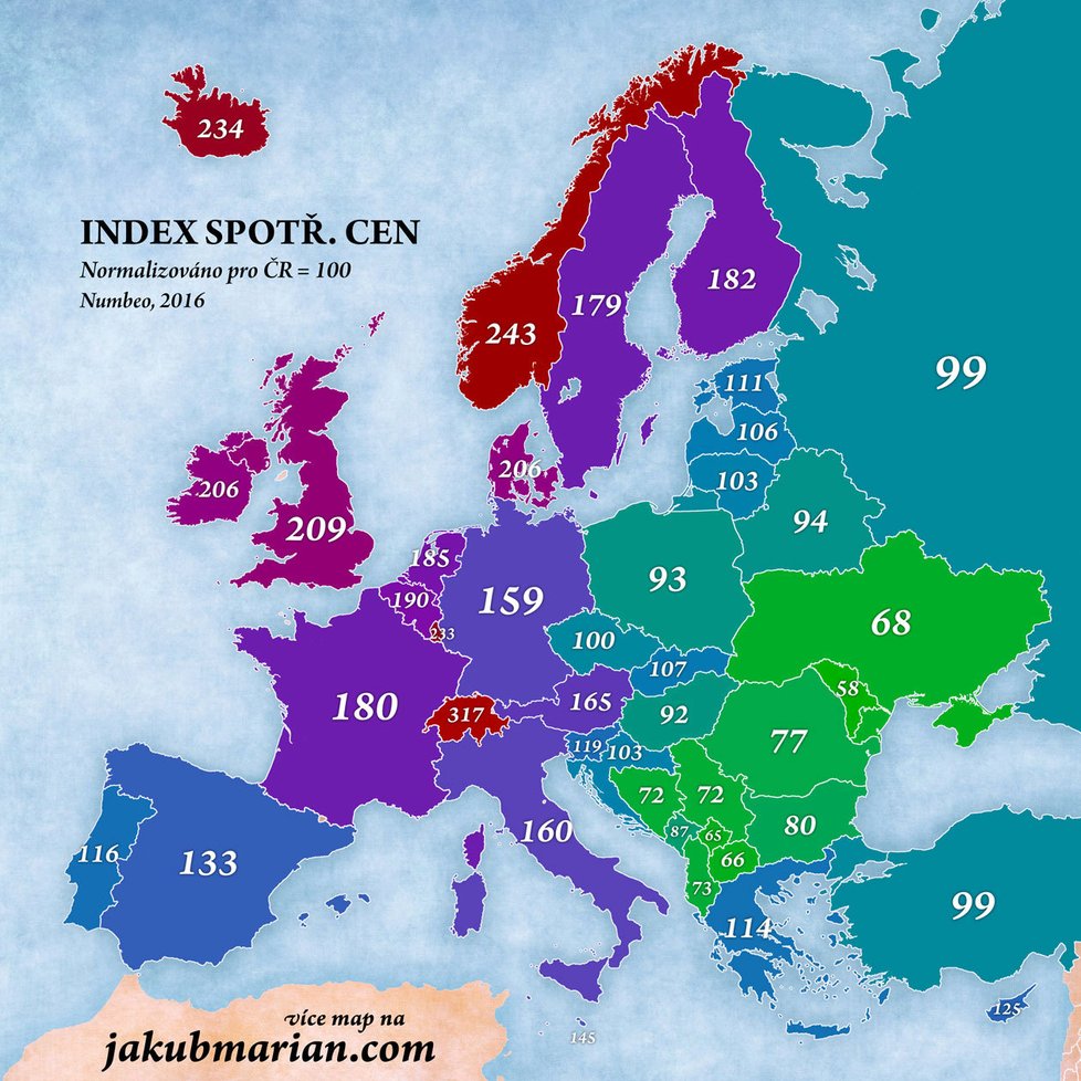 Student univerzitní Berlin Mathematical School Jakub Marian srovnal podle databází Numbeo index evropských států spotřebních cen a kupní síly.