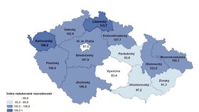Index vztahuje rozvodovost v kraji k republikové hodnotě ČR=100