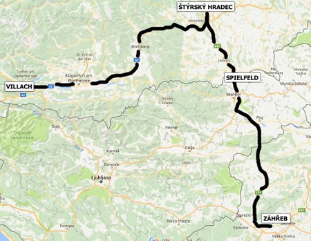 Z dálniční křižovatky u Villachu je rovněž možné jet po A2 místo k italským hranicím do Štýrského Hradce a zde odbočit na A9 ke Spielfeldu.