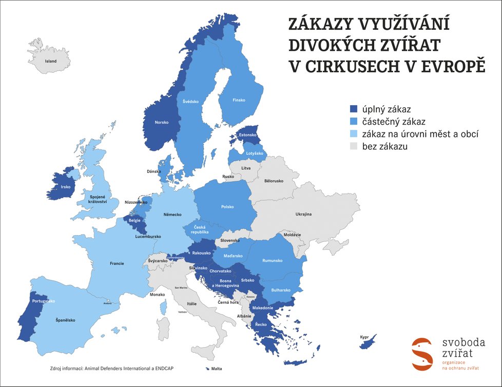 Mapa států v Evropě, kde jsou drezury volně žijících zvířat zakázány. Někteří Češi chtějí prosadit stejný zákon