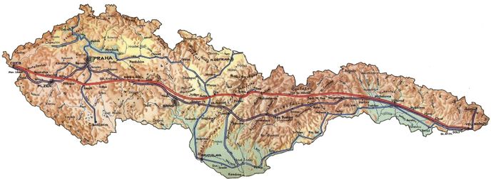 Mapa dopravní infrastruktury navrhované Janem Antonínem Baťou. Červeně silniční magistrála, fialově železniční magistrála, modře vodní kanály