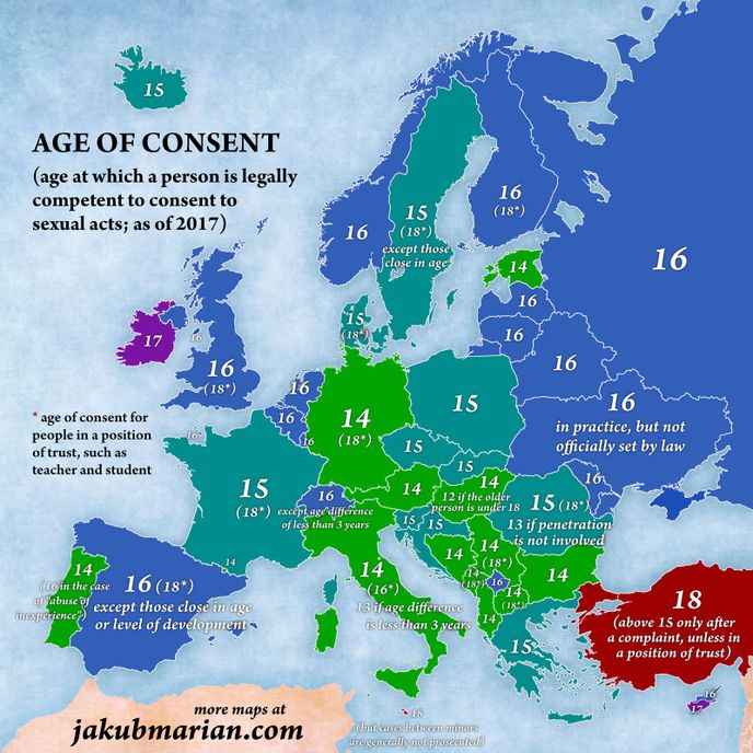 Mapa Evropy, která ukazuje, od jakého věku je v jednotlivých zemích sex legální.