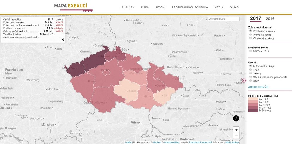 Mapa exekucí zpracovaná nevládní neziskovou organizací Otevřená společnost. Data jsou za rok 2017.