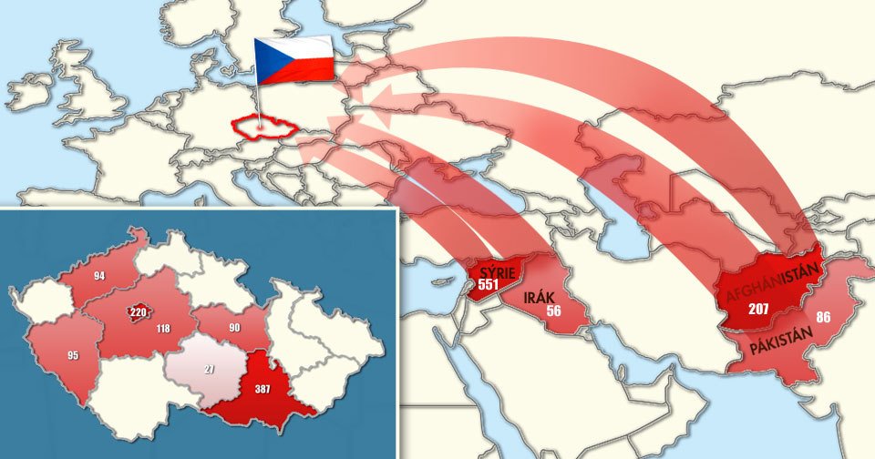 Mapa migrace přes Českou republiku (srpen 2015)