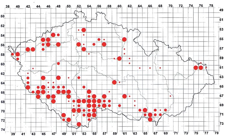 Mapa výskytu slavíka modráčka z Atlasu hnízdního rozšíření ptáků v ČR