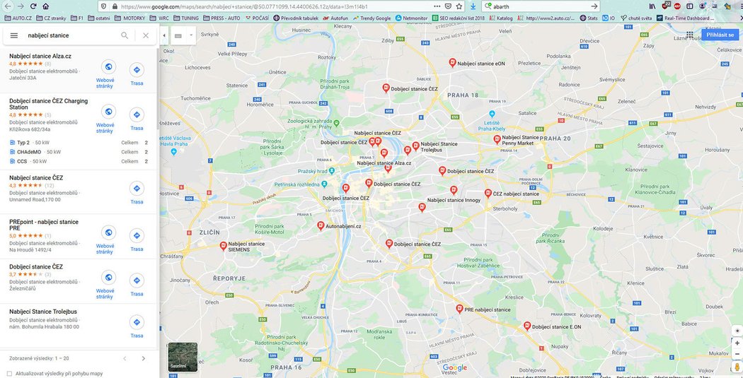 Mapa nabíječek elektromobilů Google Maps