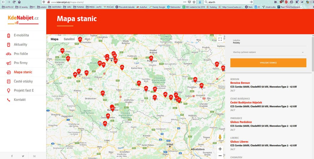 Mapa nabíječek elektromobilů KdeNabíjet.cz