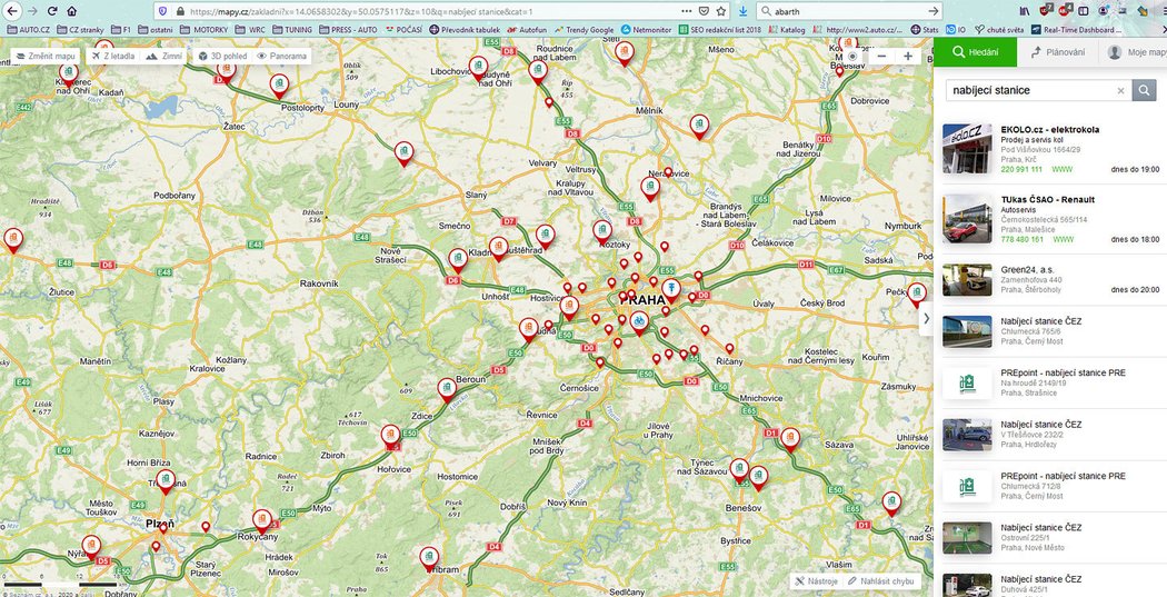 Mapa nabíječek elektromobilů Mapy.cz