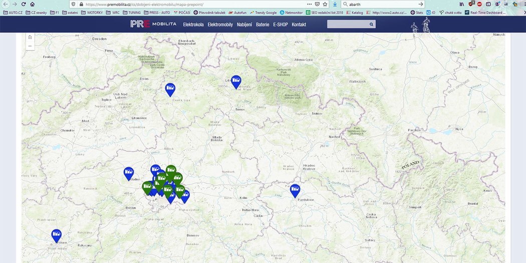 Mapa nabíječek elektromobilů PRE Mobilita