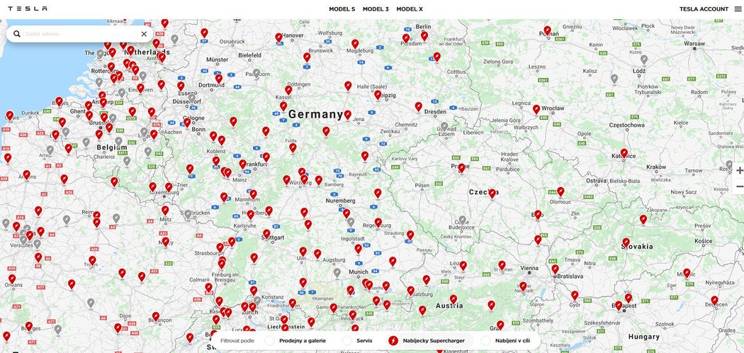 Mapa nabíječek elektromobilů Tesla