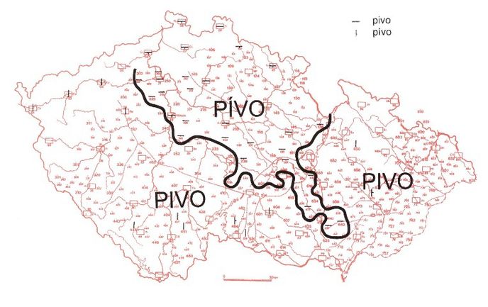 Jak se dlouží samohlásky u slova pivo - mapa není lexikální, ale hláskoslovná, popisuje typ dloužení samohlásek