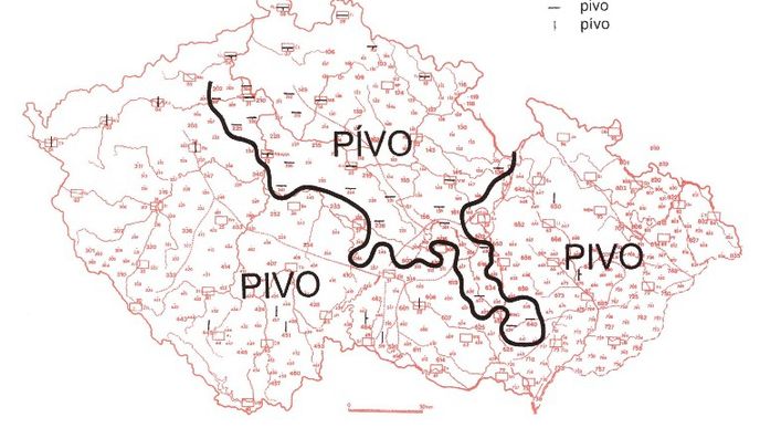 Jak se dlouží samohlásky u slova pivo - mapa není lexikální, ale hláskoslovná, popisuje typ dloužení samohlásek