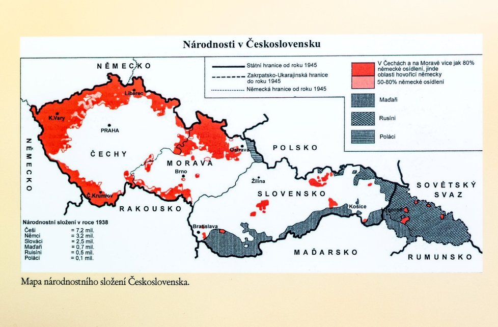 Mapa národnostního složení v Československu před válkou.