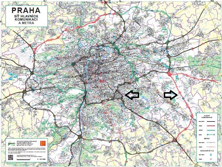 Mapa TSK s plánovanými novými stavbami. U šipek je „Spořilovský trojúhelník“ a zamýšlená silnice 511.