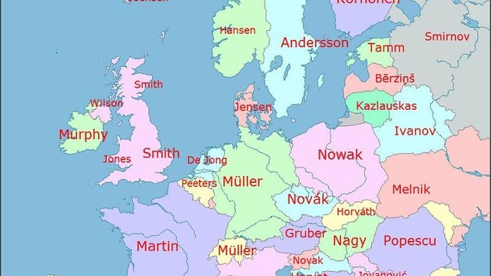 Která příjmení jsou v zemích Evropy nejpočetnější
