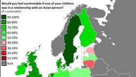 Mapa znázorňující úroveň rasismu ve státech