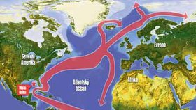 Grafika ukazuje, jak Golfský proud unáší ropu směrem k ostatním kontinentům. Z Mexického zálivu by se tak olejový koberec mohl už za čas dostat i k břehům severní Evropy...