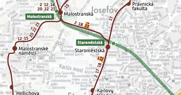 Schéma během víkendového tramvajového omezení u Lazarské.