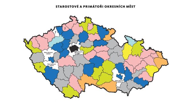 Mapa: Starostové a primátoři okresních měst České republiky po komunálních volbách 2018