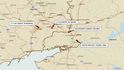 Mapa východní Ukrajiny s vyznačenými místy, kde se objevily údajné ruské tanky