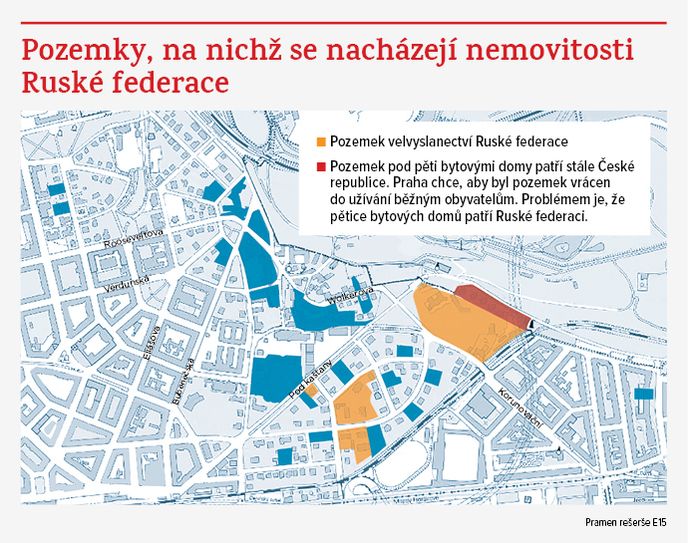 Mapka – pozemky Ruské federace v Praze
