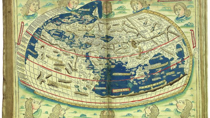 Mapa světa z roku 1482, která vychází z popisu světa Claudiuse Ptolemyho