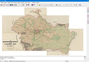 Takhle vypadá souvislé zobrazení katastrálního území originálních historických map pomocí upraveného grafického programu.