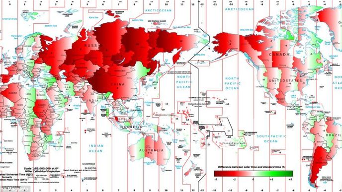 Oblasti, kde se lidmi používaný čas „předbíhá“ před sluncem, jsou na mapě zbarveny červeně a   naopak místa, kde slunce vychází dříve, než by mělo být na hodinách, mají zelenou barvu. Čím je kde   barva intenzivnější, tím více se tam liší lidský čas od toho přirozeného.