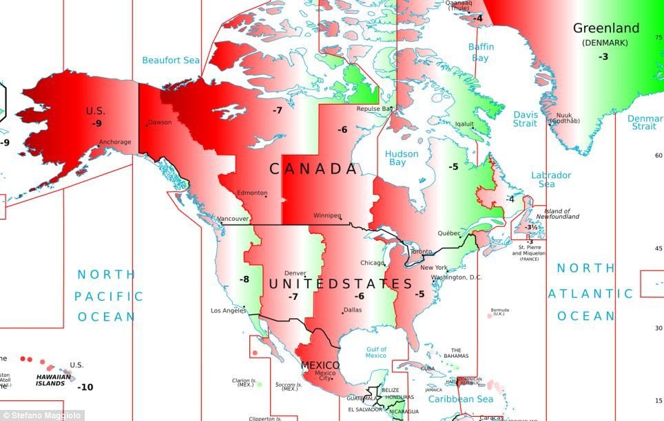 Oblasti, kde se lidmi používaný čas „předbíhá“ před sluncem, jsou na mapě zbarveny červeně a   naopak místa, kde slunce vychází dříve, než by mělo být na hodinách, mají zelenou barvu. Čím je kde   barva intenzivnější, tím více se tam liší lidský čas od toho přirozeného.