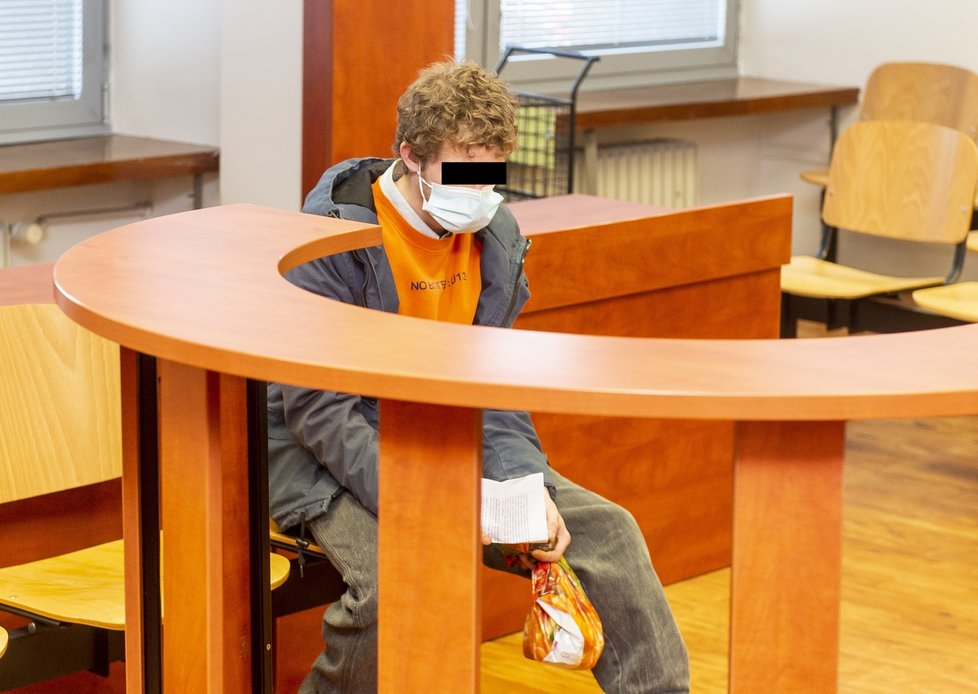 Pětadvacetiletý Michal Holec, který žil ve společné domácnosti s rodinou utýraného chlapce z Loun, na snímku z 15. února 2021 v soudní síni Krajského soudu v Ústí nad Labem.