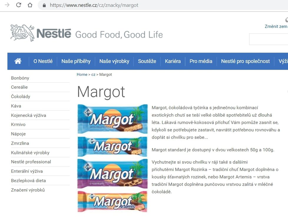 Tyčinky Margot na webu společnosti Nestlé (29. 10. 2018)