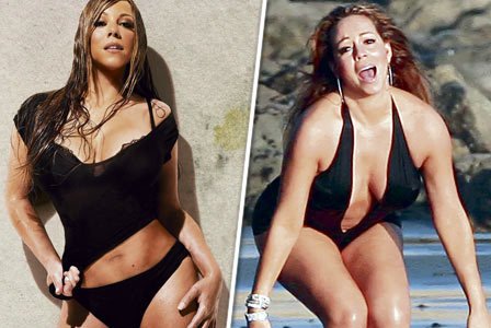 Propagační foto k hitu Obsessed ukazuje Mariah jako žádoucí krásku (vlevo). Ještě v listopadu byla Mariah žena krev a mlíko (vpravo).