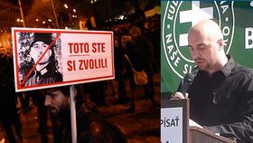 Protest proti zvolení kotlebovců do slovenské sněmovny a jeden z Kotlebových mužů, který způsobil skandál: Andrej Medvecký