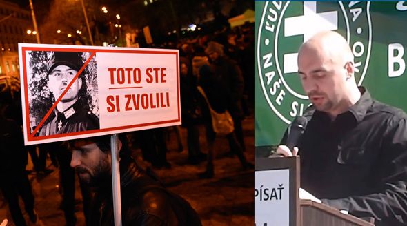 Protest proti zvolení Kotlebovců do slovenské sněmovny a jeden z Kotlebových mužů, který způsobil skandál: Andrej Medvecký