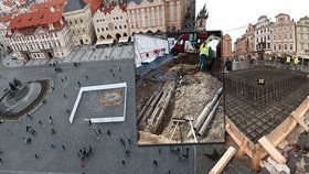 Průběh prací na stavbě Mariánského sloupu na Staroměstském náměstí v únoru a březnu 2020.