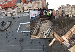 Průběh prací na stavbě Mariánského sloupu na Staroměstském náměstí v únoru a březnu 2020.