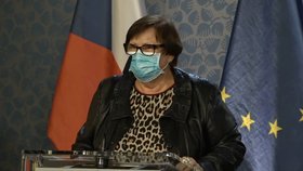 Ministryně spravedlnosti Marie Benešová (za ANO) oblékla na tiskovou konferenci po jednání vlády halenku s leopardím vzorem a koženou bundu. (2. 11. 2020)