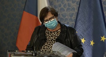 Ministryně spravedlnosti Marie Benešová (za ANO) oblékla na tiskovou konferenci po jednání vlády halenku s leopardím vzorem a koženou bundu. (2. 11. 2020)