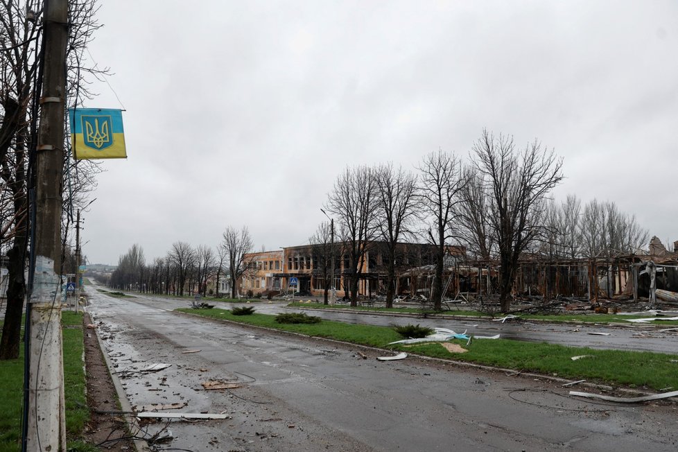 Zdevastovaná Marjinka v Doněcké oblasti, 14. dubna 2022.