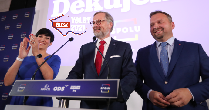 Štáb koalice Spolu: Zleva Markéta Pekarová Adamová (TOP 09), Petr Fiala (ODS) a Marian Jurečka (KDU-ČSL)