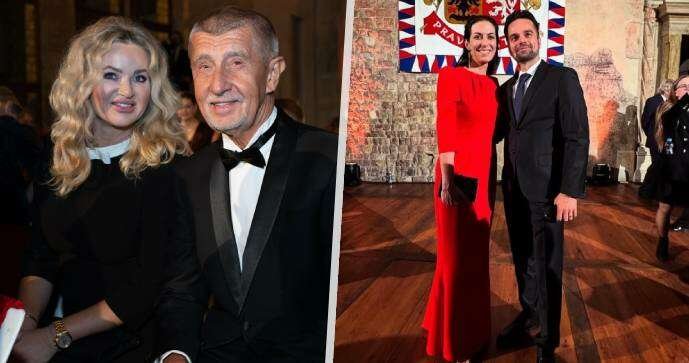 Andrej Babiš (ANO) a Markéta Pekarová Adamová (TOP 09) s partnery na Hradě při předávání státních vyznamenání (28.10.2025)