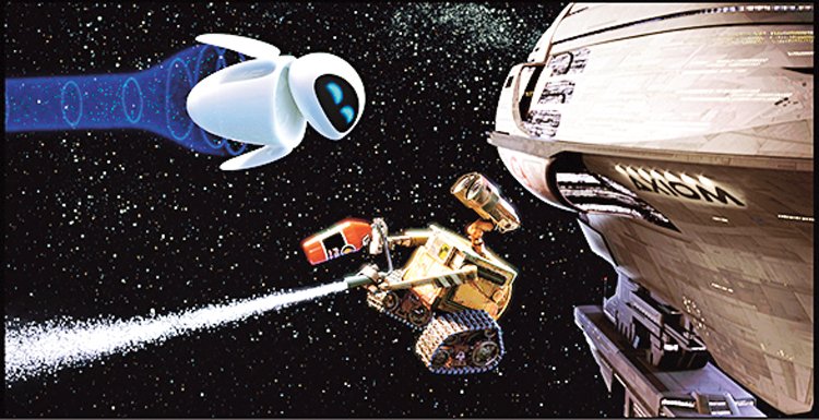 Roboti WALL-E a EVE. WALL-E poletuje vesmírem díky hasicímu přístroji