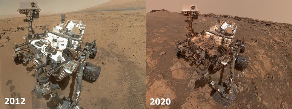 Rover Curiosity po přistání v roce 2012 a dnes