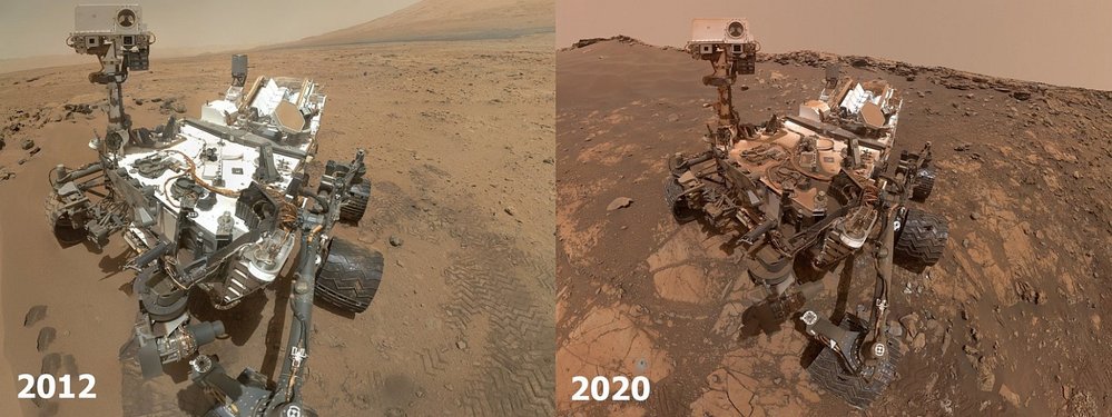 Rover Curiosity po přistání v roce 2012 a dnes