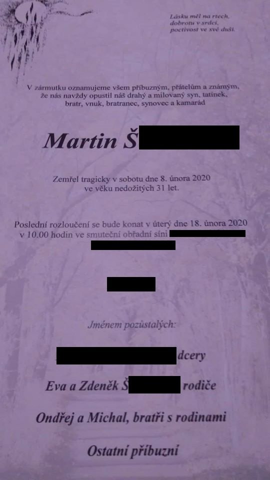 Martin (†30) zemřel po srážce s kamionem.